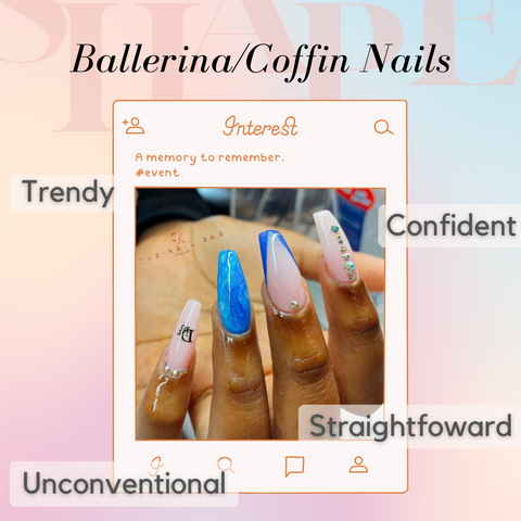 ballerina nail shape, extended tips, extended length with a blue marble design and a base of shellec nude colour