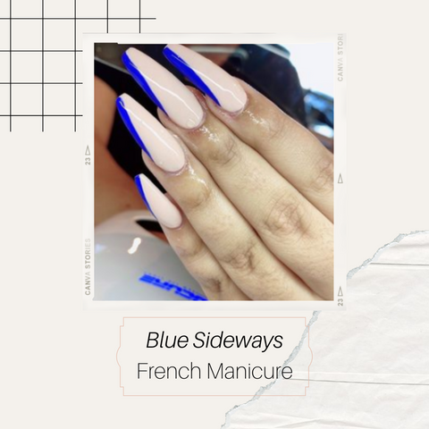 Blue sideway french manicure on coffin shape with a nude base