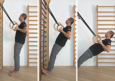 Ring row progressions showing the different angle of upright, incline and ground row on gymnastic rings