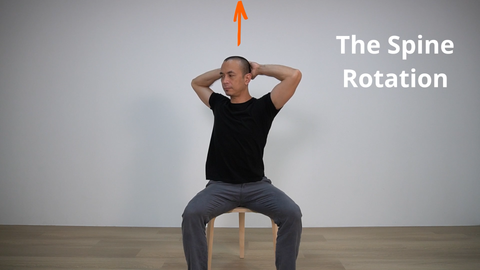 Pilates teacher demonstrating a seated spine rotation for home exercises