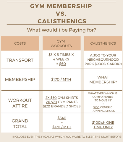 Gym vs Calisthenics, the Costs of Starting side by side comparison