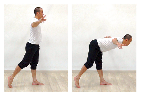 2 photo sequence of 1 leg hip hinge or 1 leg good morning exercise