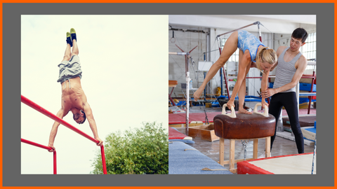 left image is of a man doing handstand on outdoor parallel dip bars and on the right is a young girl on a pommel horse learning gymnastics from a coach with other gymnastics equipment in the background