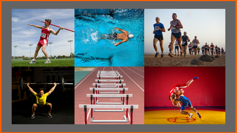 Olympic Sports Including Javelin toss, Swimming, Running, Weightlifting, Hurdles and Wrestling