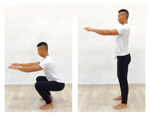 2 photo sequence of bodyweight squat exercise