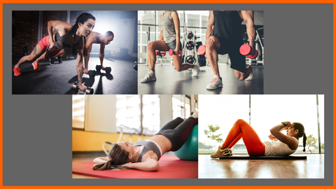 corssfit and bootcamp style workout compilation in the gym, dumbbell push ups, dumbbell split squats, back bridge on a yoga ball and sit ups on yoga mat