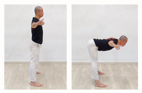 2 photo sequence of hip hinge exercise to stretch hamstrings