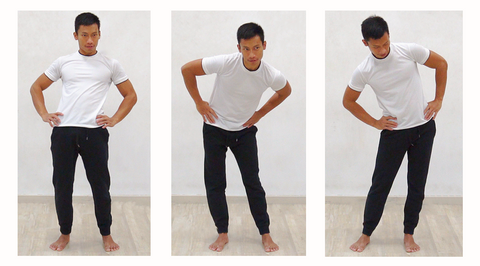 3 photo sequence of standing hip circles exercise