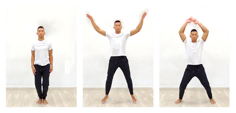 3 photo sequence of jumping jack exercise