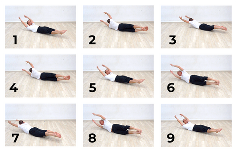 9 photo sequence of a log roll core exercise
