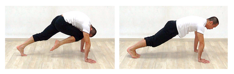 2 photo sequence of plank knee to nose exercise