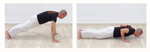 2 photo sequence of doing push up exercise