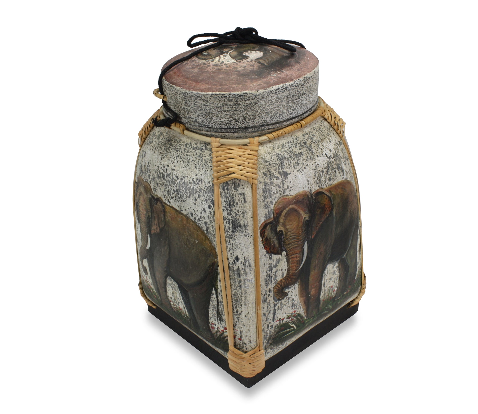 Rice seed box - Extra Large Lacquered Bamboo Basket, 45cm high, Elephants, Standing - farangshop-co