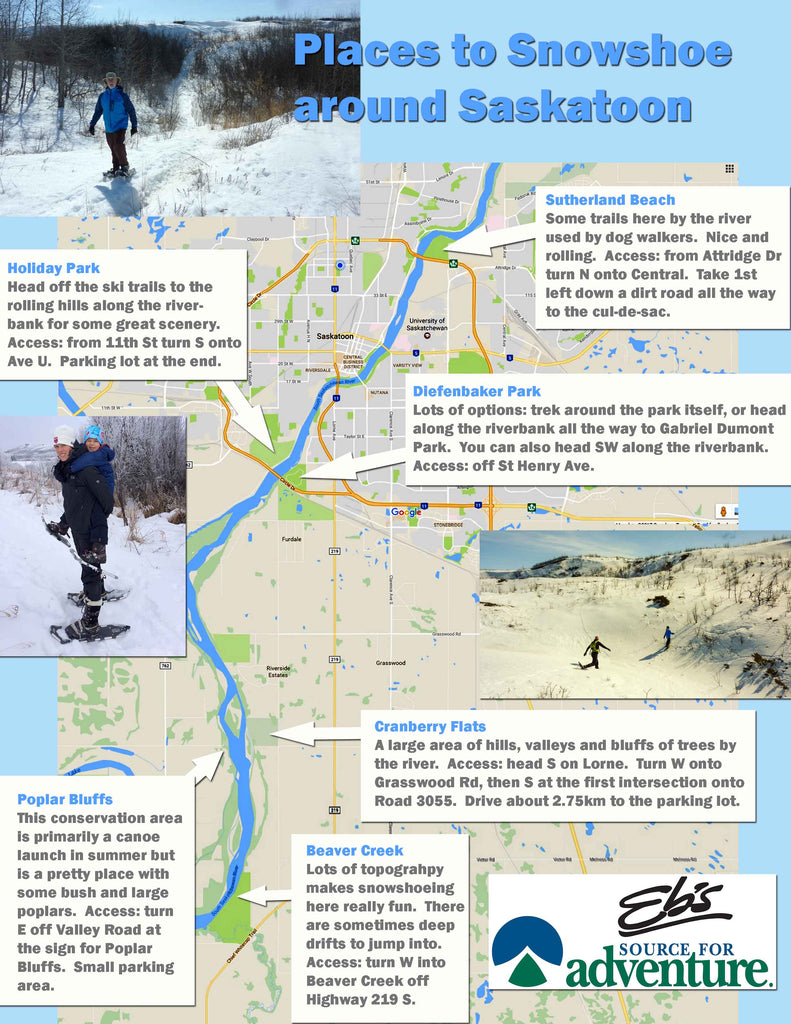 Map of places to snowshoe in Saskatoon