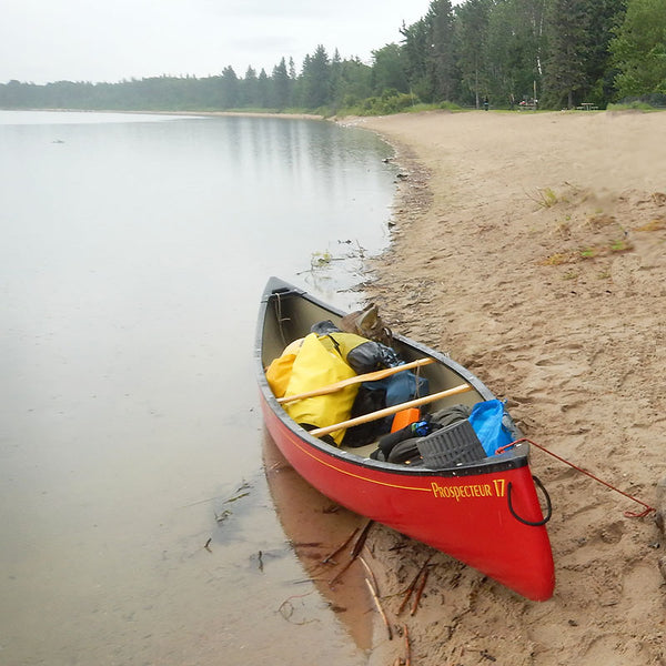 TFormex canoe pulled up on a sandy shore 