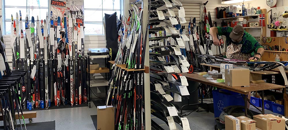 lineup of skis to be serviced at Eb's 