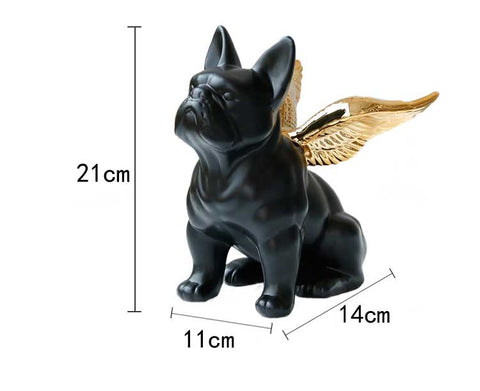 Angle Wings French Bulldog in black and gold ceramic from Allthingscurated. Measuring 21cm or 8 inches in height, 14cm or 5.5 inches in length and 11cm or 4.3 inches in width.