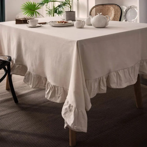 Introducing Ruffled Cotton Tablecloth by Allthingscurated. Made from 100% cotton, our tablecloth exudes French country charm with its romantic, frilly ruffles. With the perfect balance of decorative and laid-back, they have a welcoming and comforting vibe. Available in 8 solid colors.