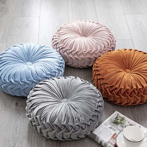 Emma pleated velvet cushion spots an intricate all over pleated design with a velvety sheen. The look is elegant and luxe.  Comes in 8 beautiful colors with 2 diameter sizes of 35cm and 38cm, or 13.7 inches and 14.8 inches with a height of 10cm or 4 inches.