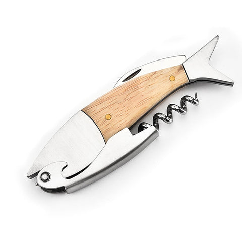 Fish Shape Waiter's Corkscrew Wine Opener by Allthingscurated. Crafted from durable wood with a whimsical fish design.