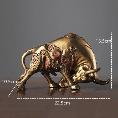 Futurox bull sculpture by Allthingscurated is the embodiment of steampunk aesthetics and futuristic mechanics. This exquisite masterpiece combines the grace and strength of a bull with the intricate beauty of gears. Standing at a height of 13.5cm or 5.3 inches, with length of 22.5cm or 8.8 inches and depth of 10.5cm or 4.1 inches. Its captivating presence will effortlessly elevate any space. Comes in gold and silver.