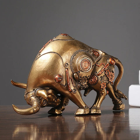 Futurox bull sculpture by Allthingscurated is the embodiment of steampunk aesthetics and futuristic mechanics. This exquisite masterpiece combines the grace and strength of a bull with the intricate beauty of gears. Standing at a height of 13.5cm or 5.3 inches, with length of 22.5cm or 8.8 inches and depth of 10.5cm or 4.1 inches. Its captivating presence will effortlessly elevate any space. Comes in gold and silver.