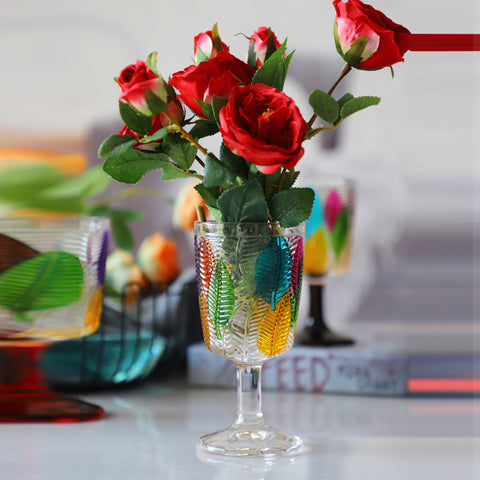 Havana Embossed Leaves Vintage Goblets by Allthingscurated, featuring contrasting multi-colored leaves embossed onto lead-free glass vessel. Charming with a touch of vintage vibe.