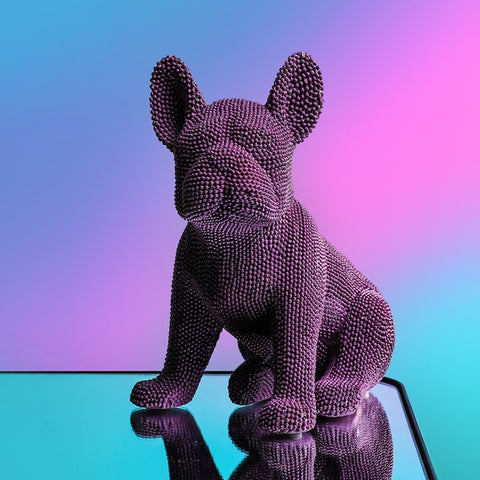 Allthingscurated Orange Blue French Bulldog figurine crafted in resin with a fashionable coat of pearly texture in standing pose.