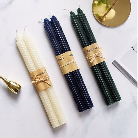 2-piece Rolled Honeycomb Candles in white, navy blue and dark green by Allthingscurated.