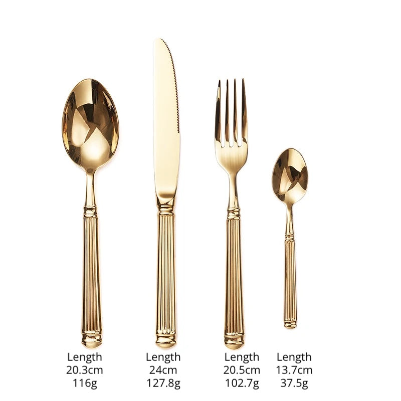 Julius Gold Stainless Steel Flatware Sets by Allthingscurated are crafted from high-quality 18/10 stainless steel. The weighty and solid construction provides a luxurious feel, while the Roman column handle design adds a touch of elegance. The mirror polished surface reflects a bright and shiny finish, adding a touch of sophistication to any table.