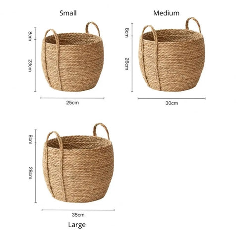 Leedon Woven Baskets by Allthingscurated are hand-woven from seagrass which is an eco-friendly material. The baskets feature sturdy handles for easy transportation and lend a rustic charm to any space. Perfect for storing household items or displaying your favorite plants. Available in 3 sizes.