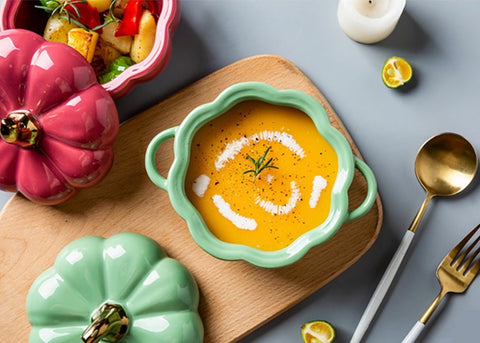 These beautiful Pumpkin Party Bowls by Allthingscurated are perfect serveware to have for a Halloween-themed or Fall-inspired dinners with friends. Made of high-quality porcelain, they are available in Off-white, Orange, Cranberry and Green. Comes with 2 handles for easy transporting and a lid with gold tip to keep food fresh and warm. Measures 16.5cm in width and 12cm in height, or 6.5 inches by 4.7 inches. Weighs 660g or 1.5 pounds with a capacity of 400ml or 13.5 fluid ounce.
