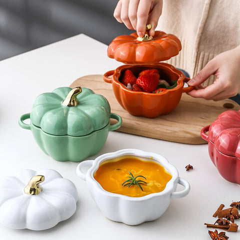 These beautiful Pumpkin Party Bowls by Allthingscurated are perfect serveware to have for a Halloween-themed or Fall-inspired dinners with friends. Made of high-quality porcelain, they are available in Off-white, Orange, Cranberry and Green. Comes with 2 handles for easy transporting and a lid with gold tip to keep food fresh and warm. Measures 16.5cm in width and 12cm in height, or 6.5 inches by 4.7 inches. Weighs 660g or 1.5 pounds with a capacity of 400ml or 13.5 fluid ounce.