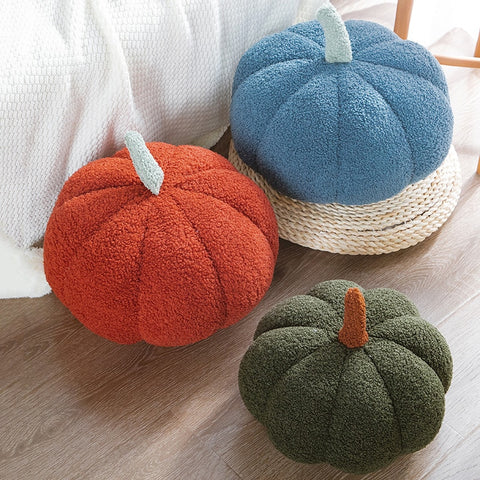 Pumpkin Pillows in teddy cotton with a tufted surface by Allthingscurated come in 3 sizes and 7 colors.  These pillows are plush and comfy, perfect for Fall and Halloween. Sizes available in 20cm, 28cm and 35cm in height or 8 inches, 11 inches and 13.7 inches in height. Colors come in white, green, blue, yellow, orange, red and brown.