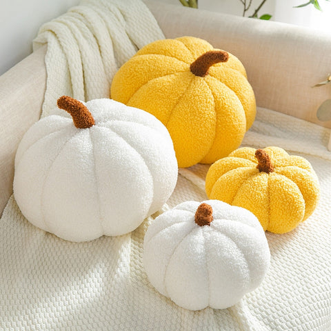 Pumpkin Pillows in teddy cotton with a tufted surface by Allthingscurated come in 3 sizes and 7 colors.  These pillows are plush and comfy, perfect for Fall and Halloween. Sizes available in 20cm, 28cm and 35cm in height or 8 inches, 11 inches and 13.7 inches in height. Colors come in white, green, blue, yellow, orange, red and brown.