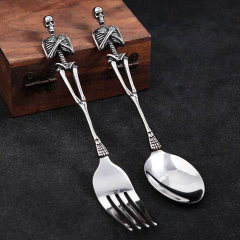 Skeleton Fork and Spoon by Allthingscurated offer a frightful but fun experience in your next dinner party. Crafted from stainless steel.