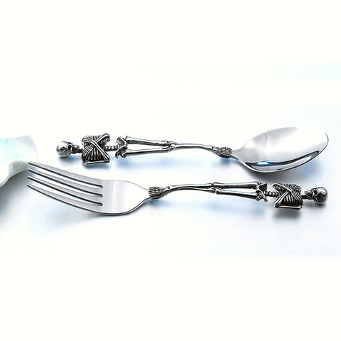 Skeleton Fork and Spoon by Allthingscurated offer a frightful but fun experience in your next dinner party. Crafted from stainless steel.