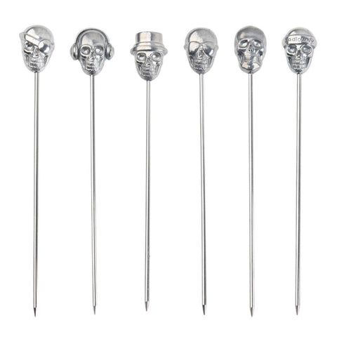 Funky Skull design cocktail picks by Allthingscurated. In 6 assorted silver design and made from food-grade stainless steel. Measures approximately 11.5cm or 4.5 inches in length.