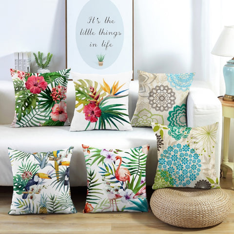 Tropical Forest Cushion Covers come in a set with 4 assorted designs by Allthingscurated. Made of waterproof material suitable for the outdoor.  Perfect for patio, pool deck and garden.