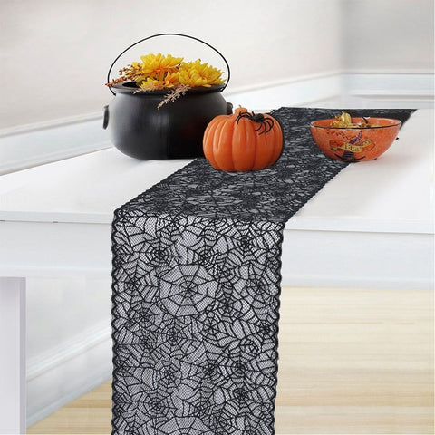 Black Lace Spider Web Table Runner by Allthingscurated. This stunning Black Spider Web Table Runner designed in elegant black lace featuring spiders and cobweb embroidery will make a bold statement for your Halloween table setting.