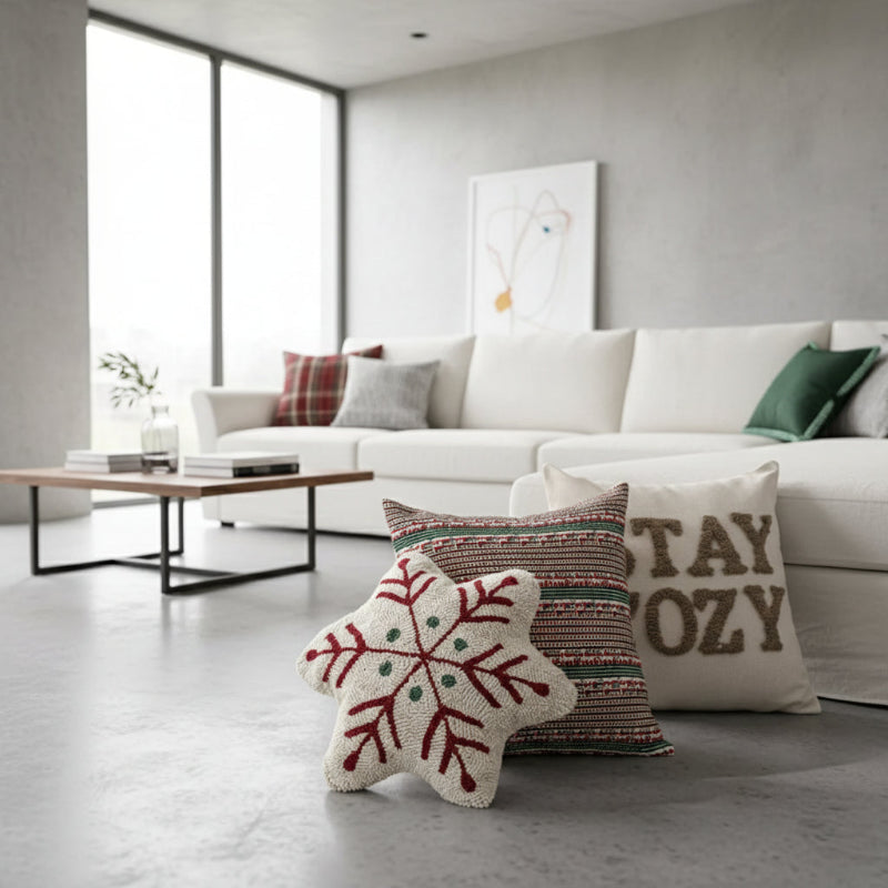 Decorative pillows with Christmas-themed designs next to a couch. Elevate your seasonal décor with this curated selection of holiday Decorative Christmas Pillows and Covers Collection by Allthingscurated. Sewn from quality, soft fabrics with thoughtful tufted details, each piece delivers both comfort and visual appeal to your home.