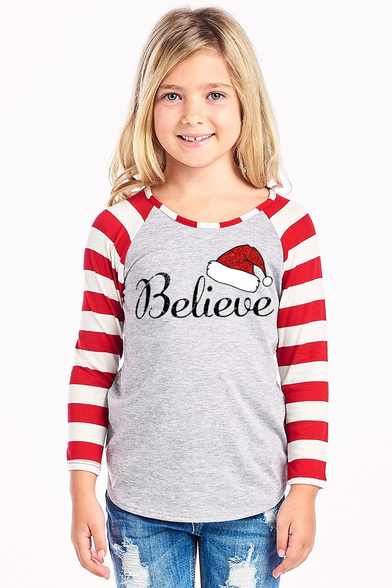 SALE Youth Believe Santa Hat Christmas Striped Sleeve Raglan Long Sleeve Shirt