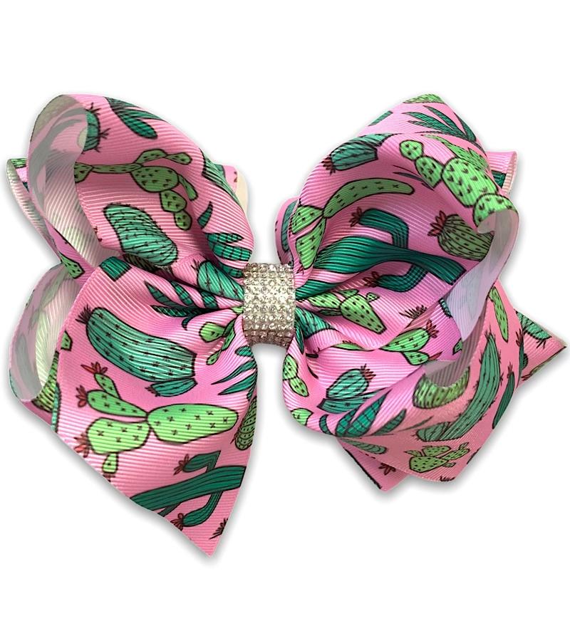 Large Rhinestone Pink Cactus Hair Bow