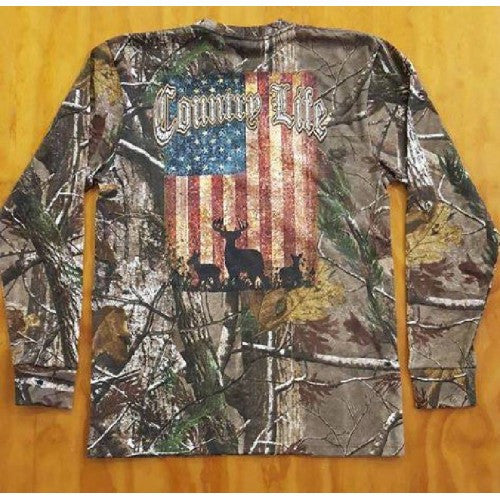 Country Life Real Tree Camo USA Flag Deer Unisex Long Sleeve T-Shirt ...