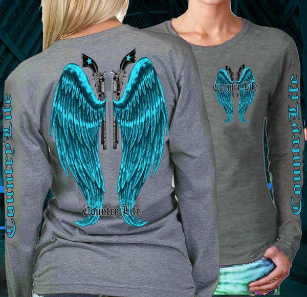 Country Life Outfitters Wings Guns Vintage Gray & Blue Long Sleeve Bri ...