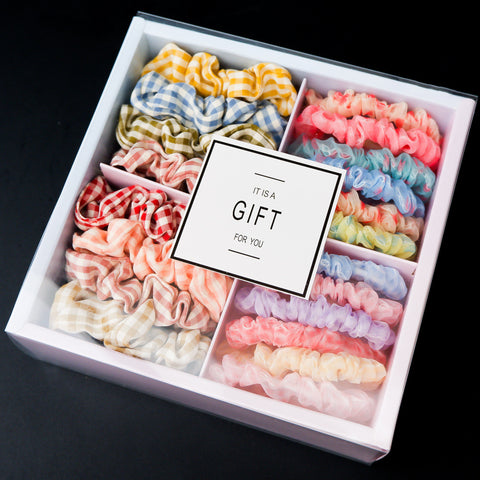 complete scrunchies gift box in pastel and fun colors