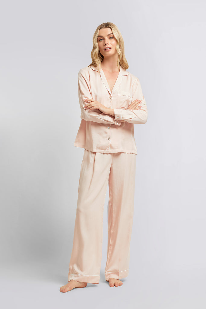 Eva Long Tencel™ Womens Pyjama Set White With Blush Piping