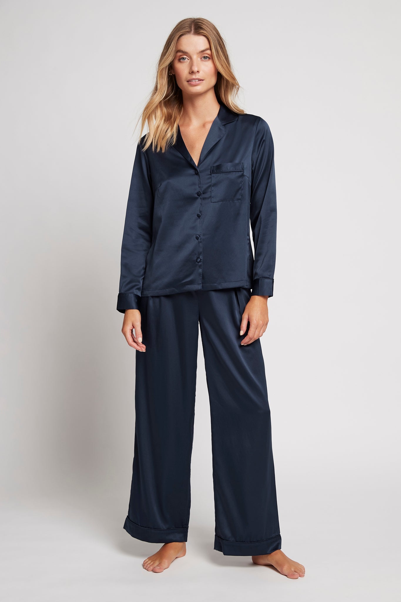 Toni Womens Satin Satin Pyjama Lounge Set - Navy