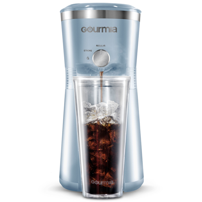 Gourmia Iced Coffee Maker with Brew-Strength Control, Reusable Filter and Tumbler, Blue