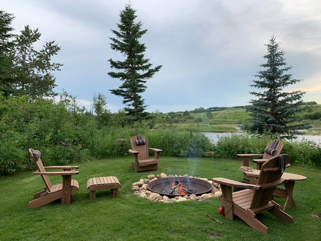 Brazilian walnut Adirondack chairs around campfire